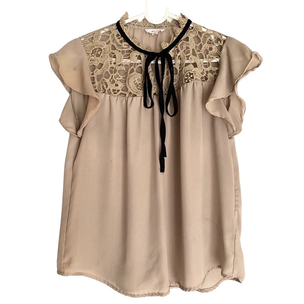 Mine Women’s Beige Black Lace Neck Tie Ruffle Sleeve Blouse [US S]